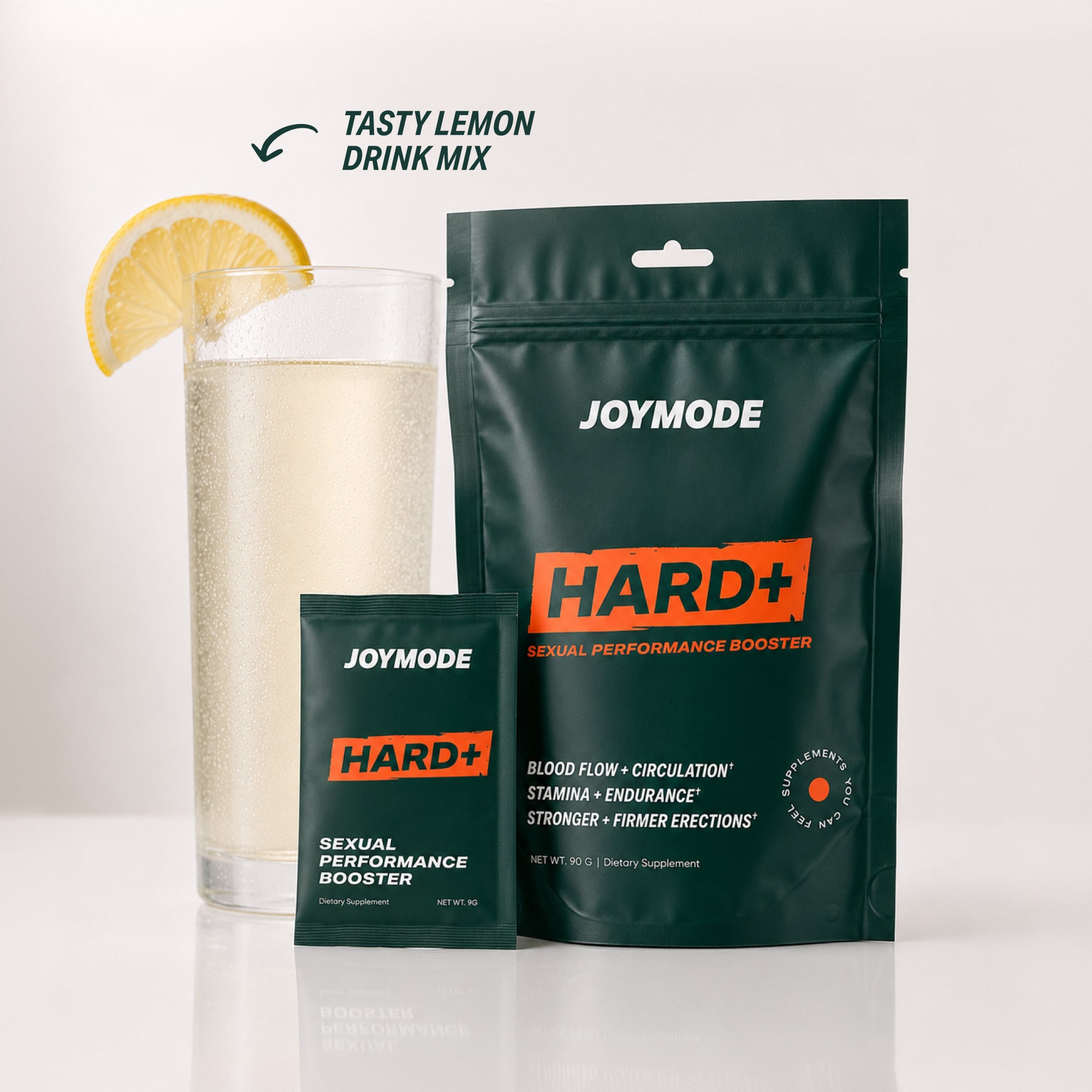 Two green packets labeled 'Joymode Sexual Performance Booster' with a natural ingredients icon.